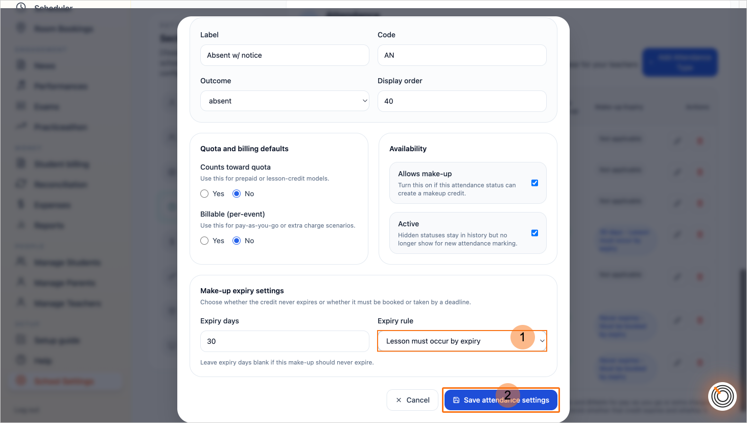 Step 8 - Set the expiry rule and save attendance settings