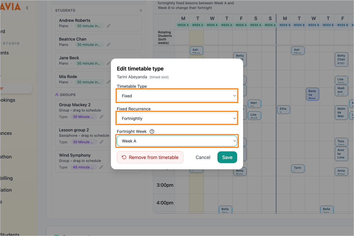 Step 14 - Set Timetable Type to 'Fixed', Fixed Recurrence to 'Fortnightly' and select your Fortnight Week as Week A or B. Click on the question mark icon to see your school's Week A or B dates.