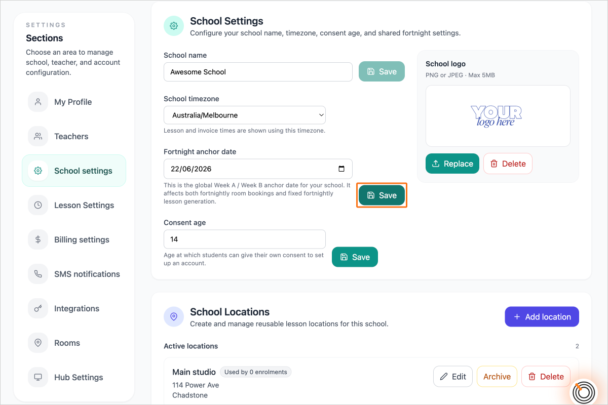 Step 4 - Save School Fortnight Settings
