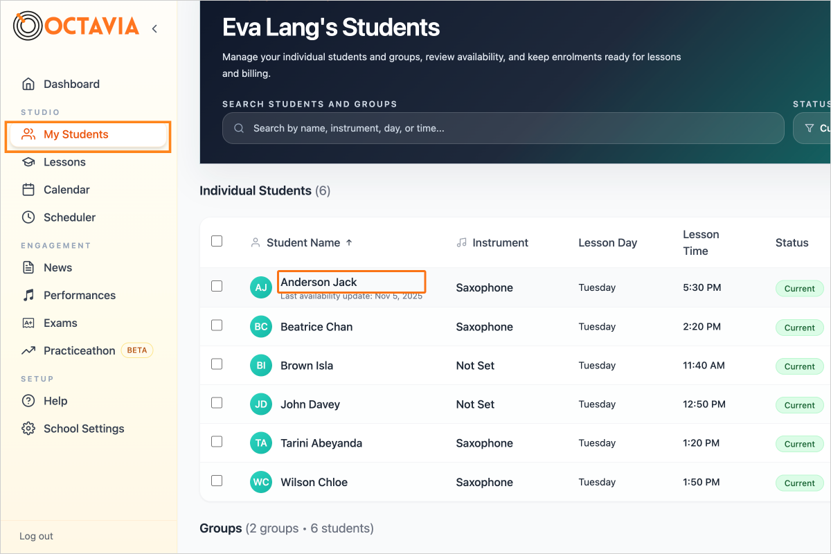 Step 1 - Click on "My Students" in the sidebar and then on a student's name