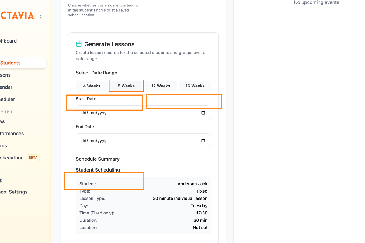 Step 3 - Ensure the Lesson Day, Start Time and Lesson Type are filled out, and optionally the Lesson Location