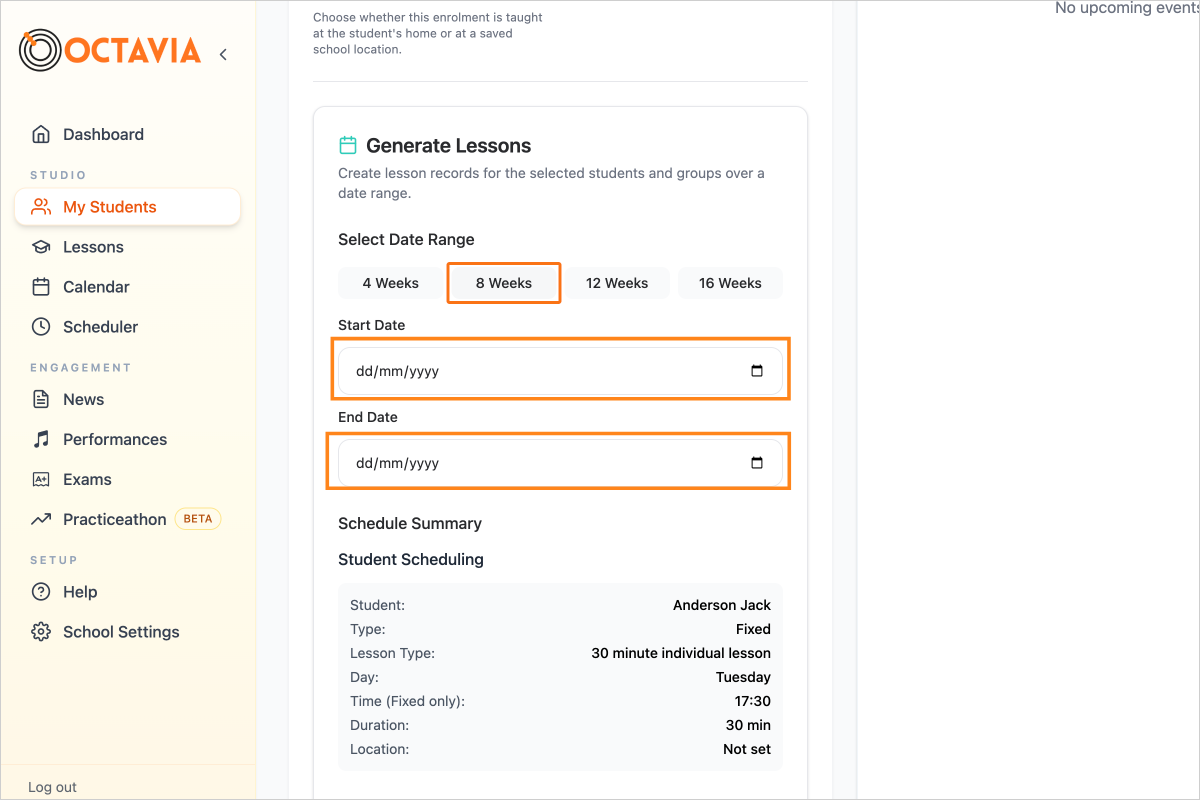 Step 4 - Select a Start Date and End Date for the range that you want to generate lessons (or use the buttons to quickly select 4, 8, 12 or 16 weeks from today)