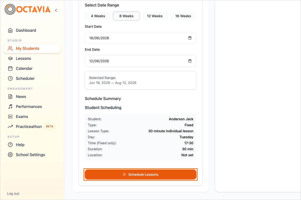 Step 5 - Click on the button "Schedule Lessons"