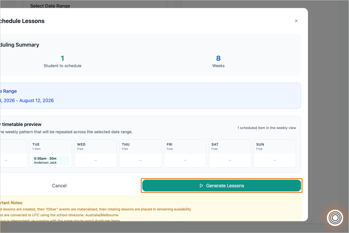 Step 6 - Review the Preview and click on the button "Generate Lessons" when happy