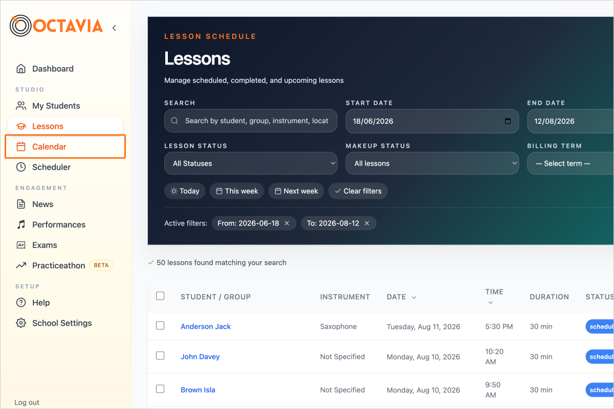 Step 10 - You can make changes to the lessons that were generated in either the Lessons List or the Calendar