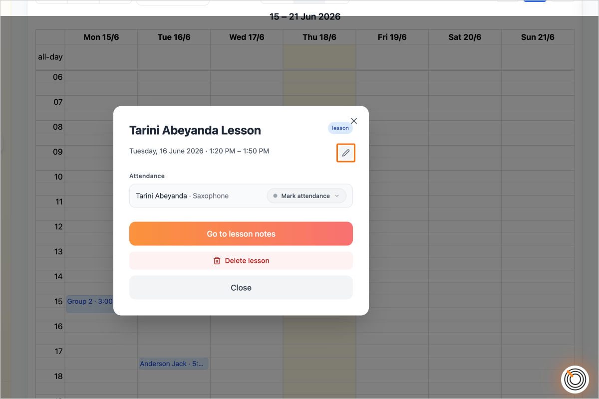 Step 12 - and click on the pencil icon to edit the lesson date and time