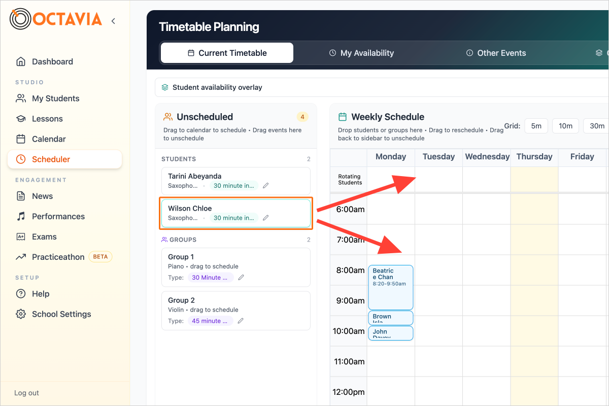 Step 4 - Click and drag on the student cards in the Unscheduled list, and drag them to a spot on the timetable - either a fixed spot, or to the rotating row if their lesson time should rotate each week.