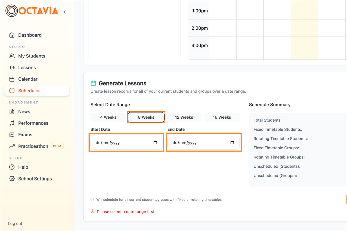 Step 5 - Select a date range to generate the lessons for, or use the 4, 8, 12 or 16 week buttons to quickly calculate a date range