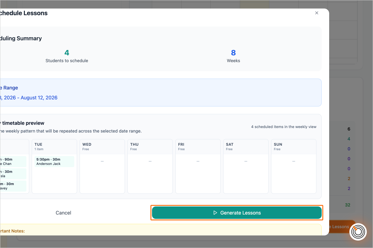 Step 7 - Review the preview and, when happy, click on the button "Generate Lessons"